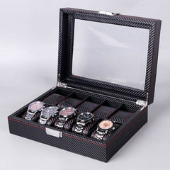Black Carbon Fiber Glossy Wooden Watch Box – 6/10/12 Slot Storage Organizer - Mens Attire
