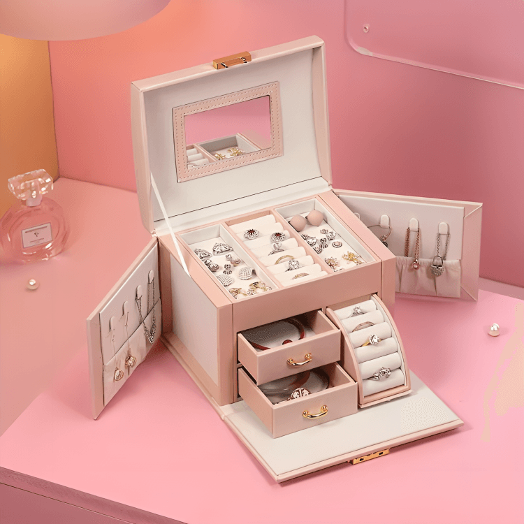 Leather 3-Tier Luxury Travel Jewelry Box with Lock and Mirror - Mens Attire