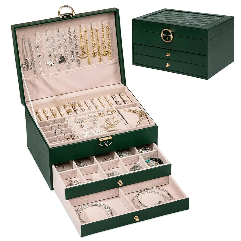 Large 3-Layer Jewelry Box Organizer with Lock & 2 Drawers for Women - Mens Attire