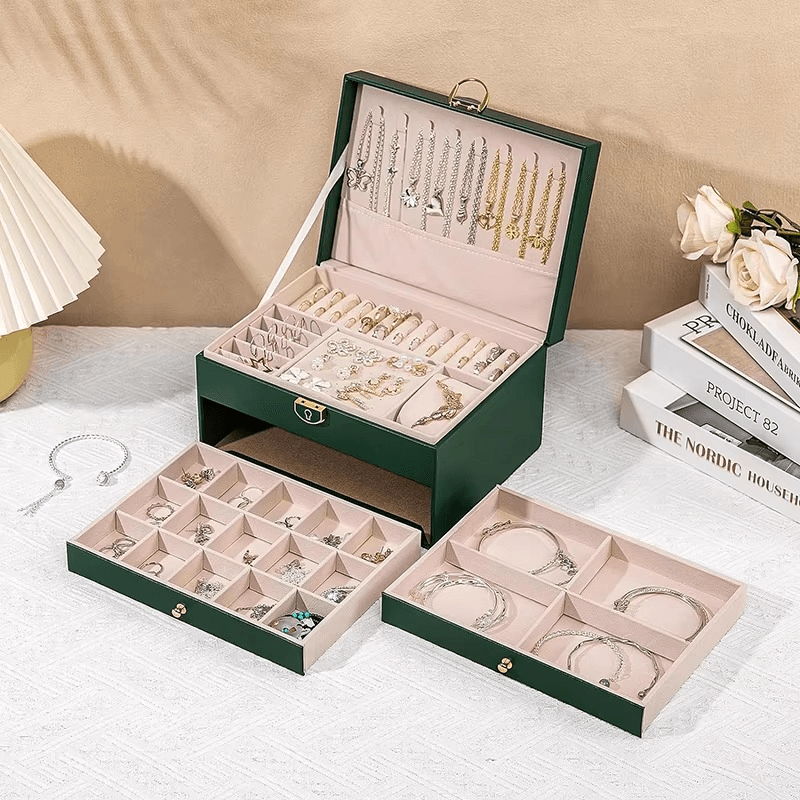 Large 3-Layer Jewelry Box Organizer with Lock & 2 Drawers for Women - Mens Attire
