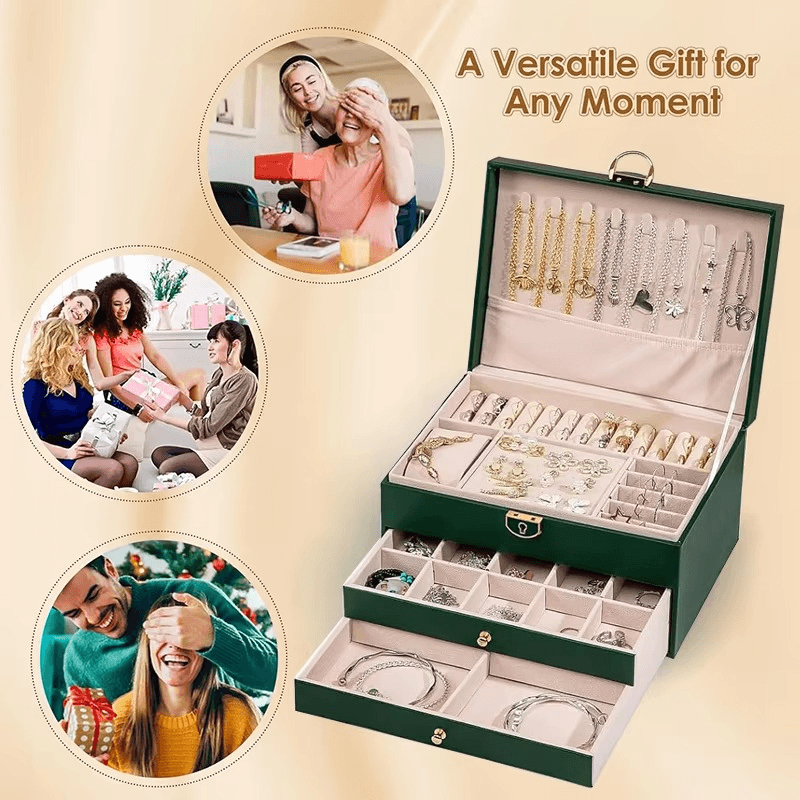 Large 3-Layer Jewelry Box Organizer with Lock & 2 Drawers for Women - Mens Attire