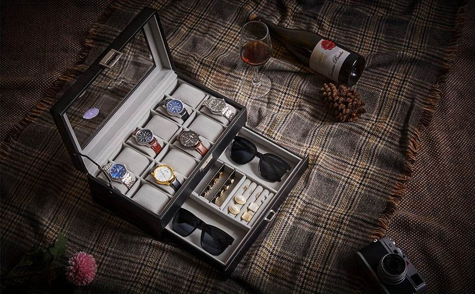 Deluxe 12-Slot Watch & Jewelry Storage Box – Faux Leather Organizer - Mens Attire
