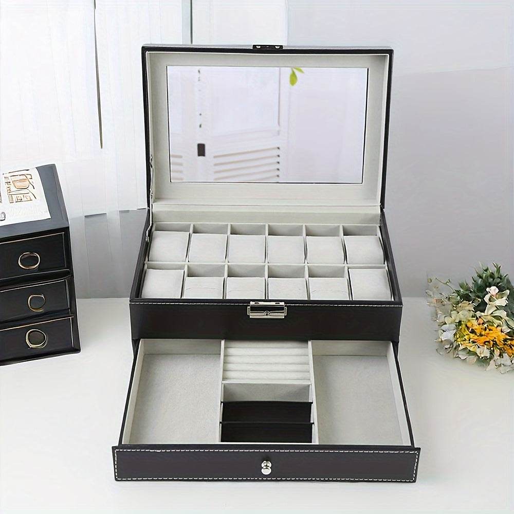 Deluxe 12-Slot Watch & Jewelry Storage Box – Faux Leather Organizer - Mens Attire