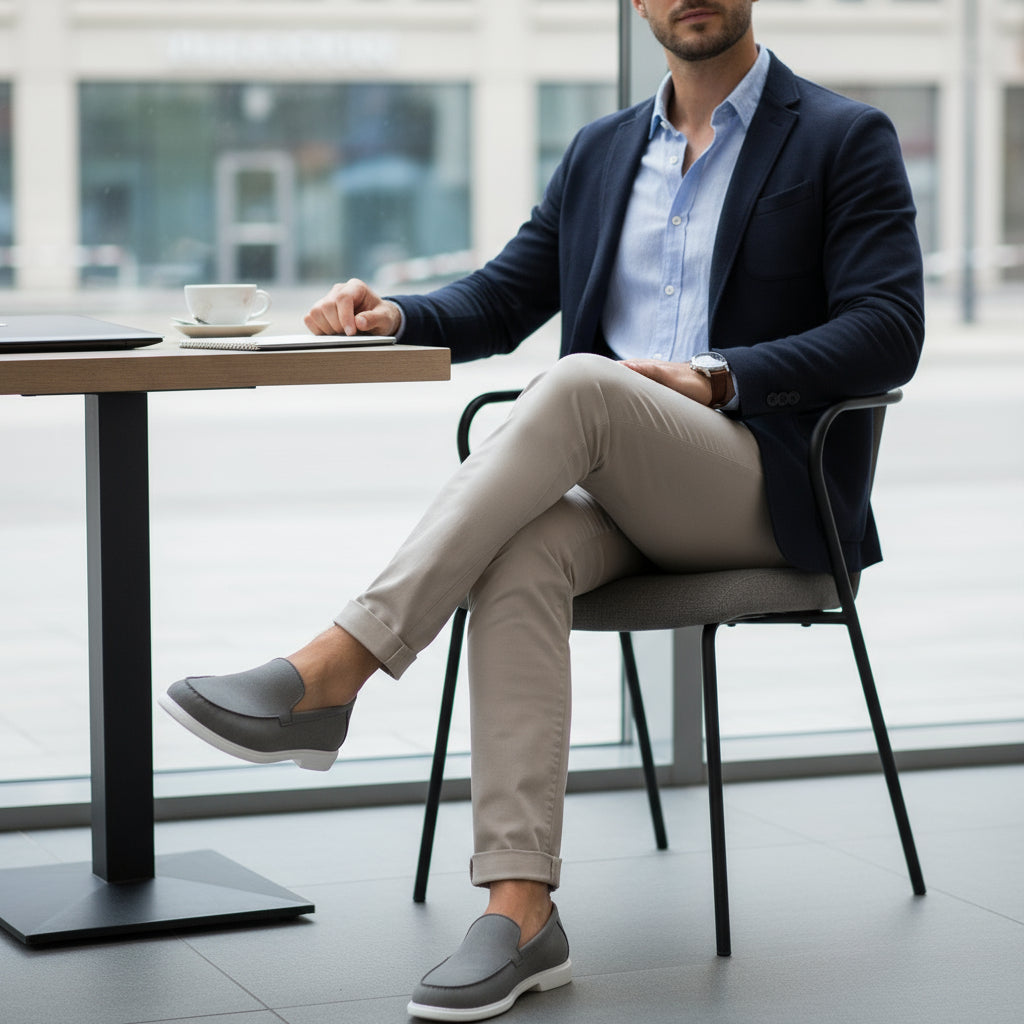 Person wearing gray loafers with white soles on a neutral background