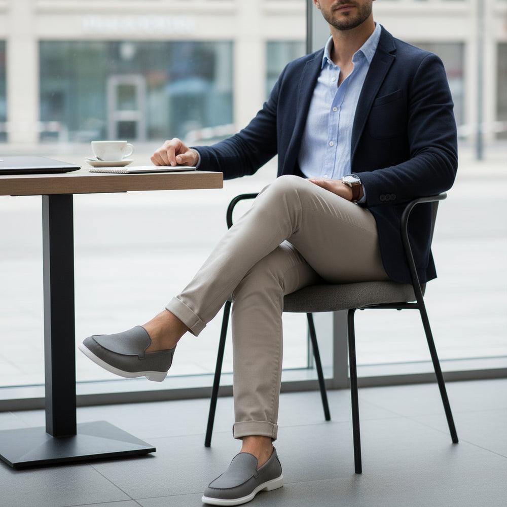Person wearing gray loafers with white soles on a neutral background