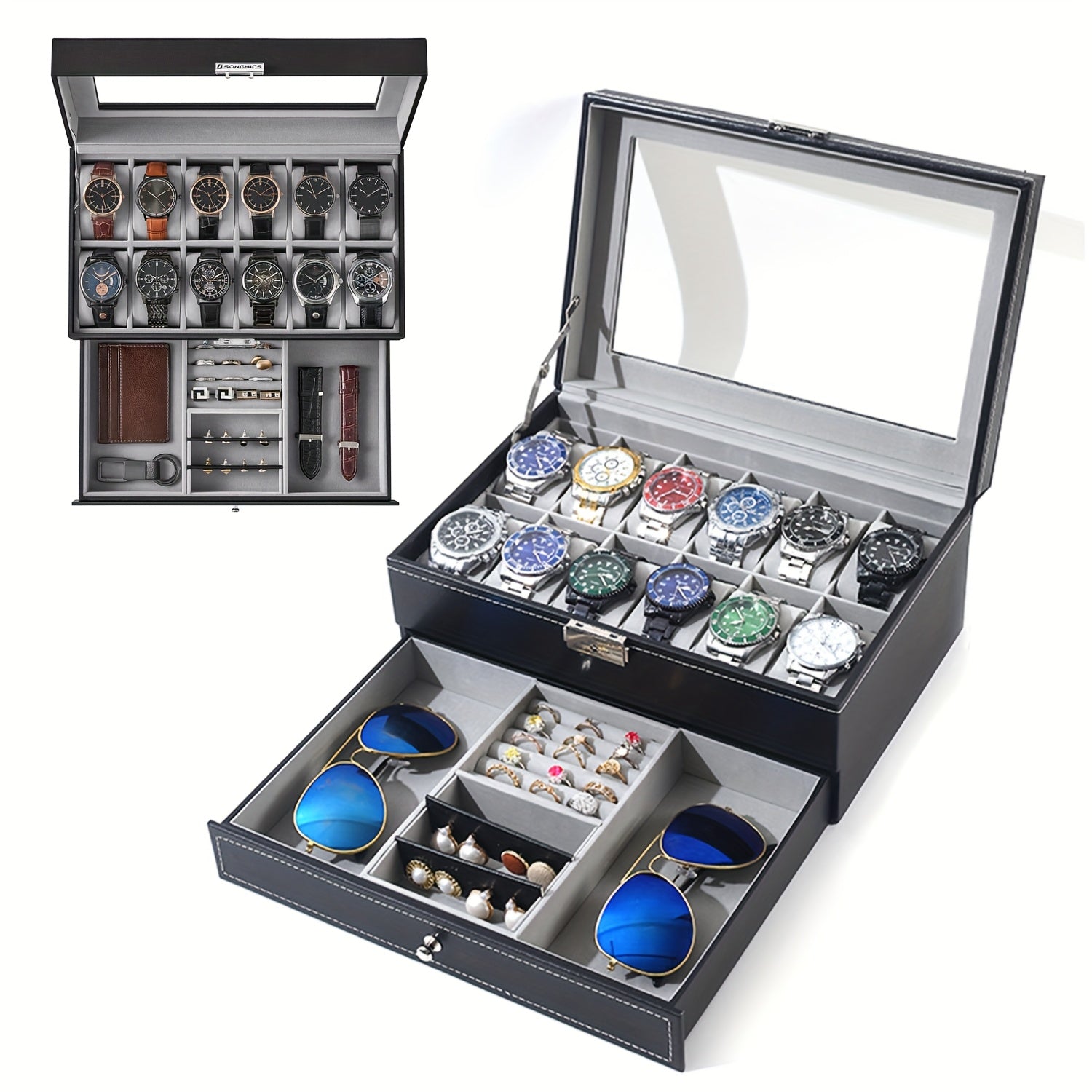 Luxury 12-Slot Wooden Watch Box Organizer | 2-Layer Lockable Watch Case