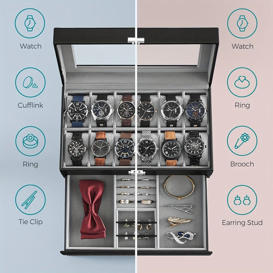 Luxury 12-Slot Wooden Watch Box Organizer | 2-Layer Lockable Watch Case