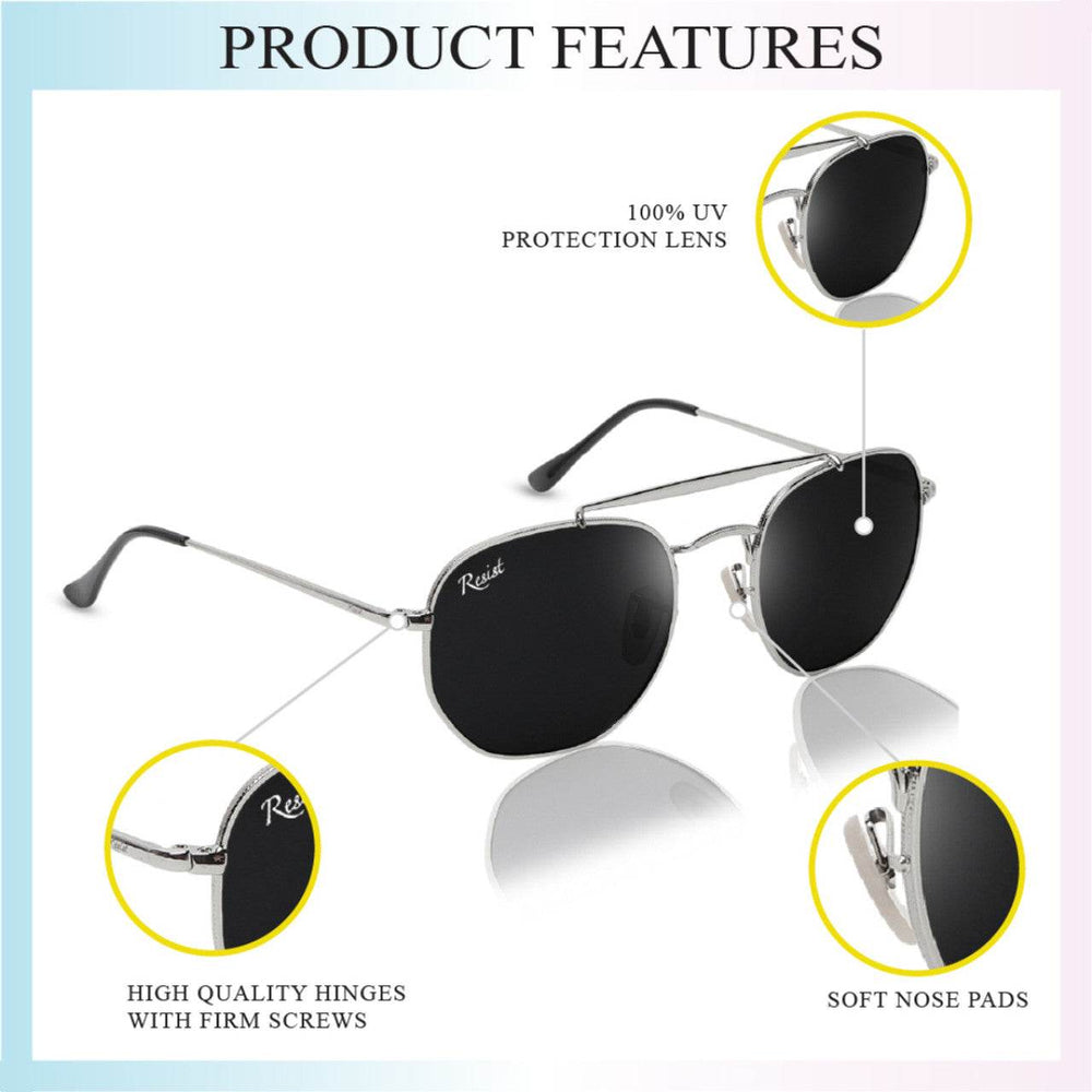 Classic Hexagonal Rectangular Sunglasses (56 mm, Silver Frame) - Mens Attire