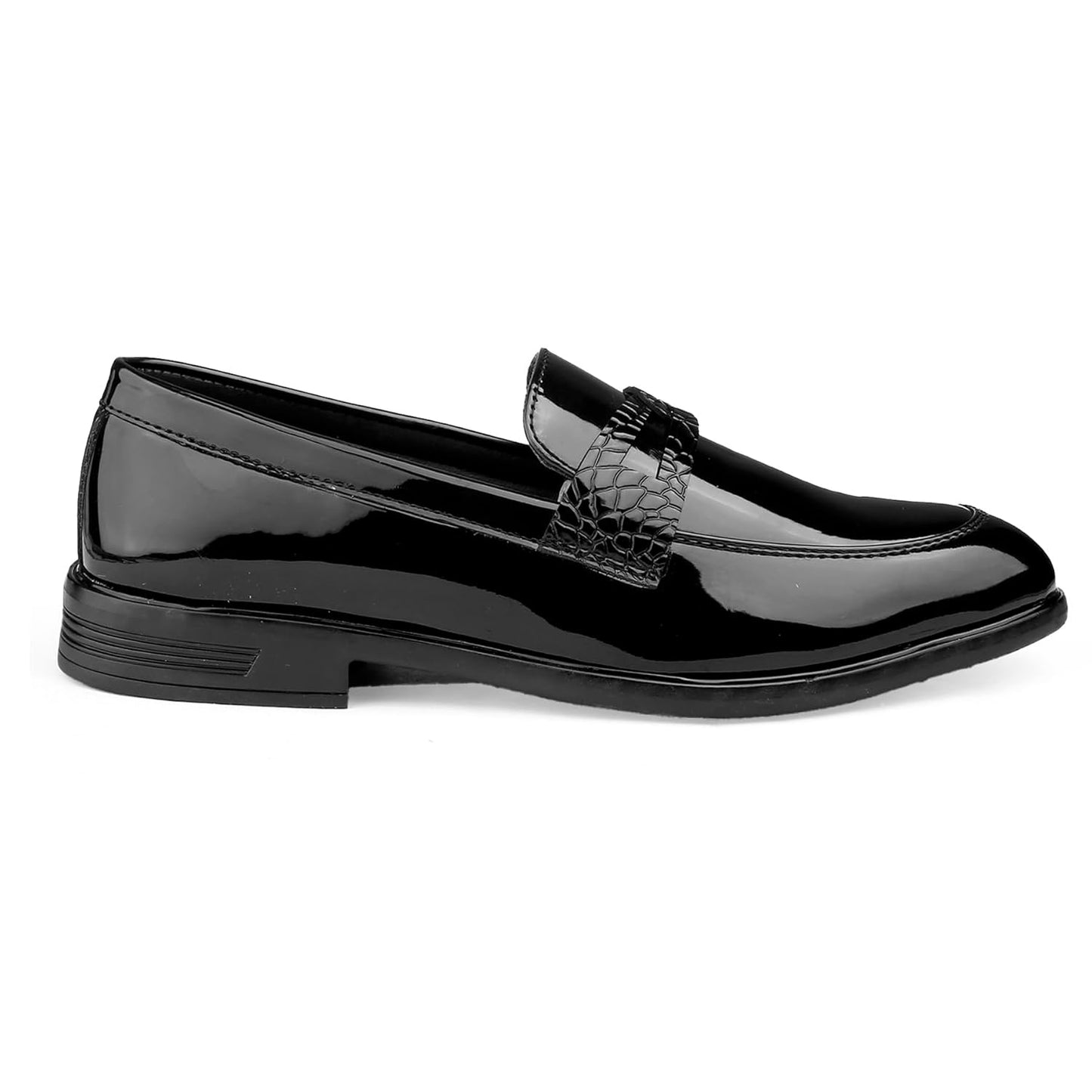 Black patent leather loafer with a crocodile pattern on a white background