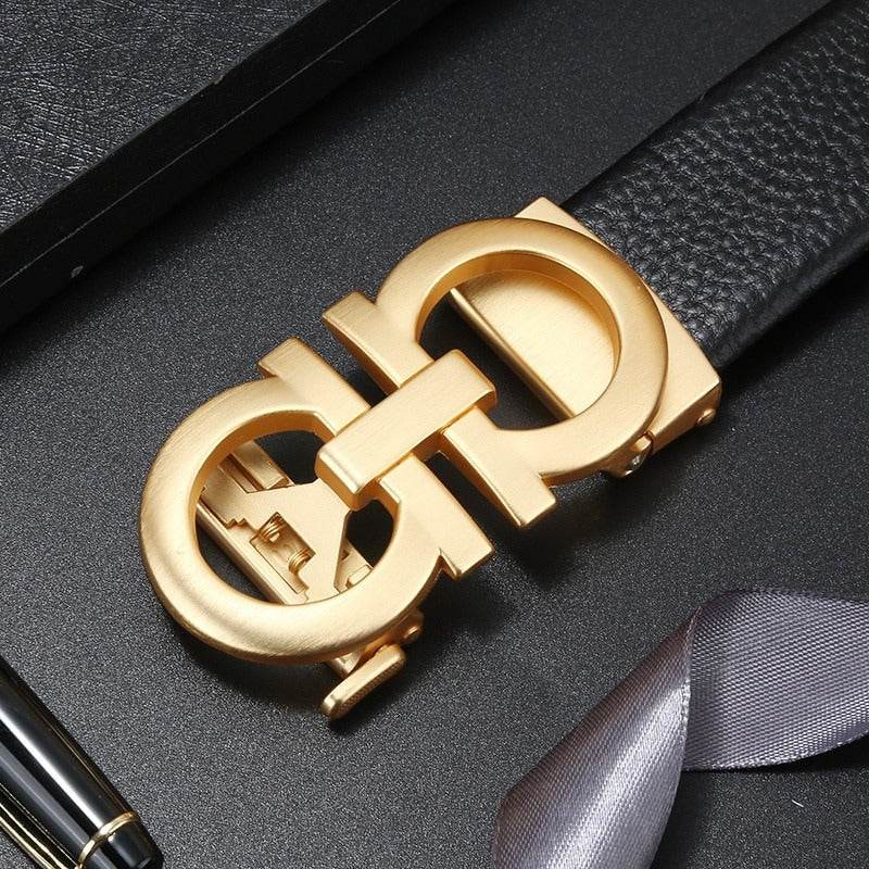 Mens Attire Men's Automatic Leather Belt with Gold Buckle - Mens Attire