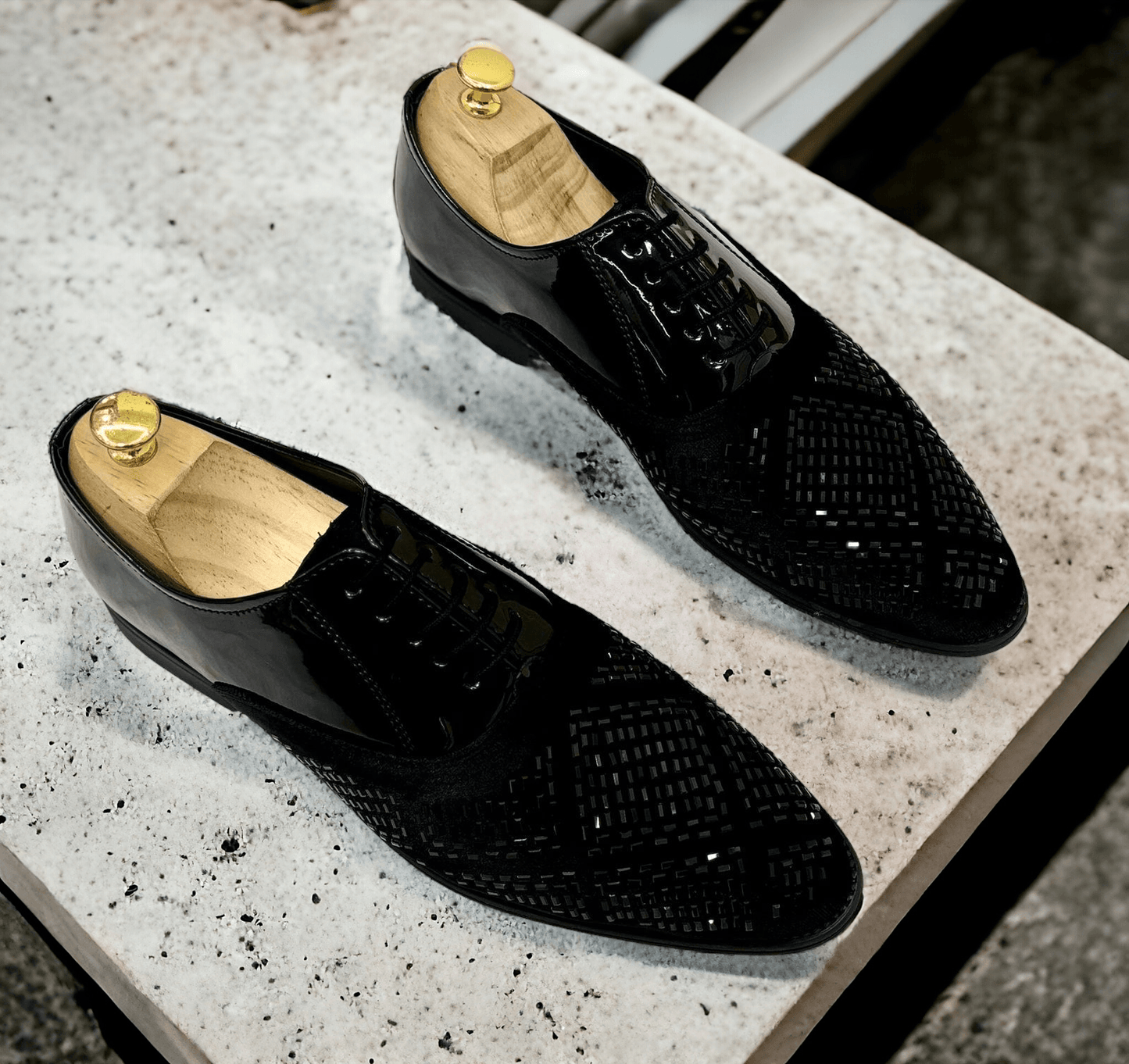 Mens Attire Men's Rhinestone Party Shoes - Formal Black Dress Shoes - Mens Attire