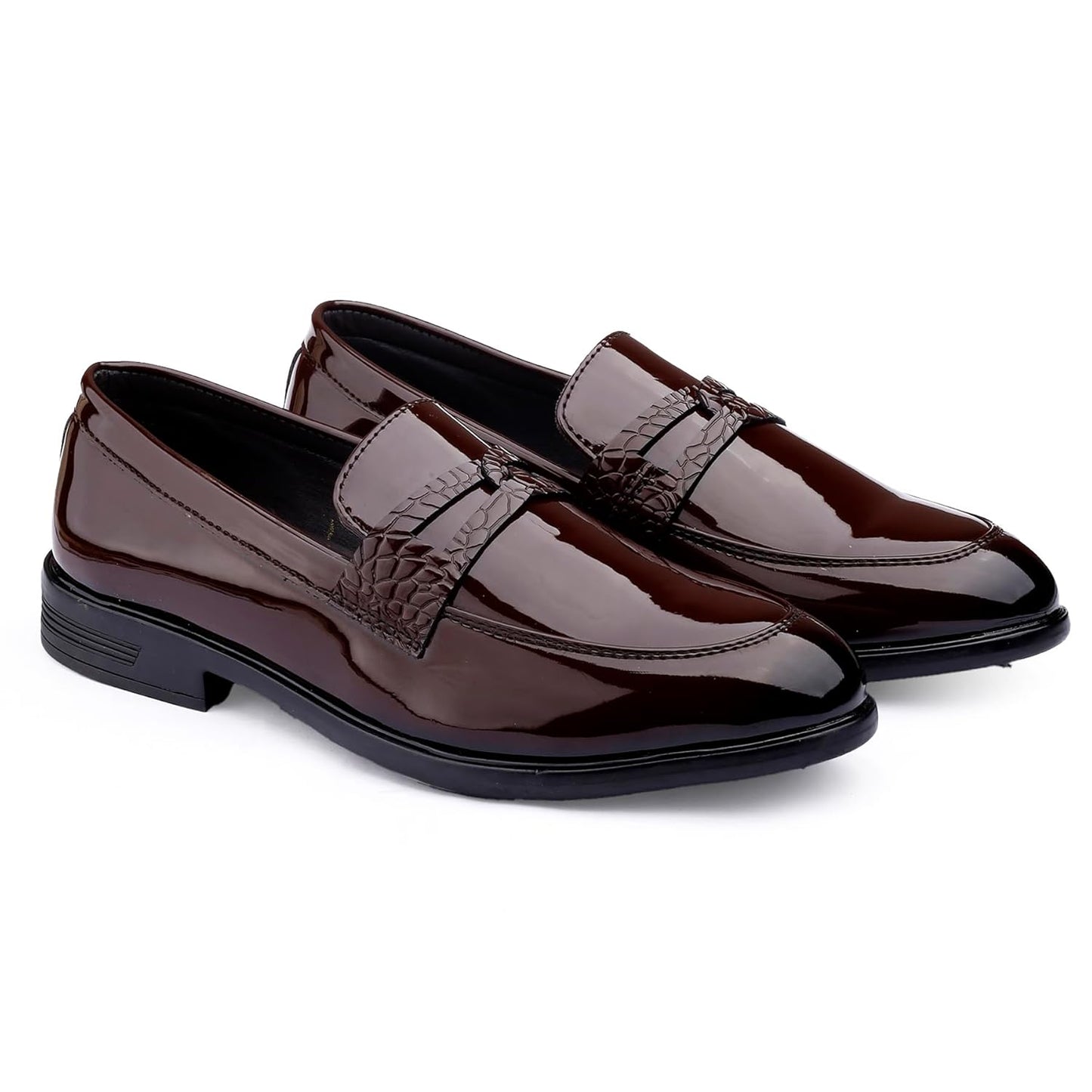 Shiny brown loafers on a white background