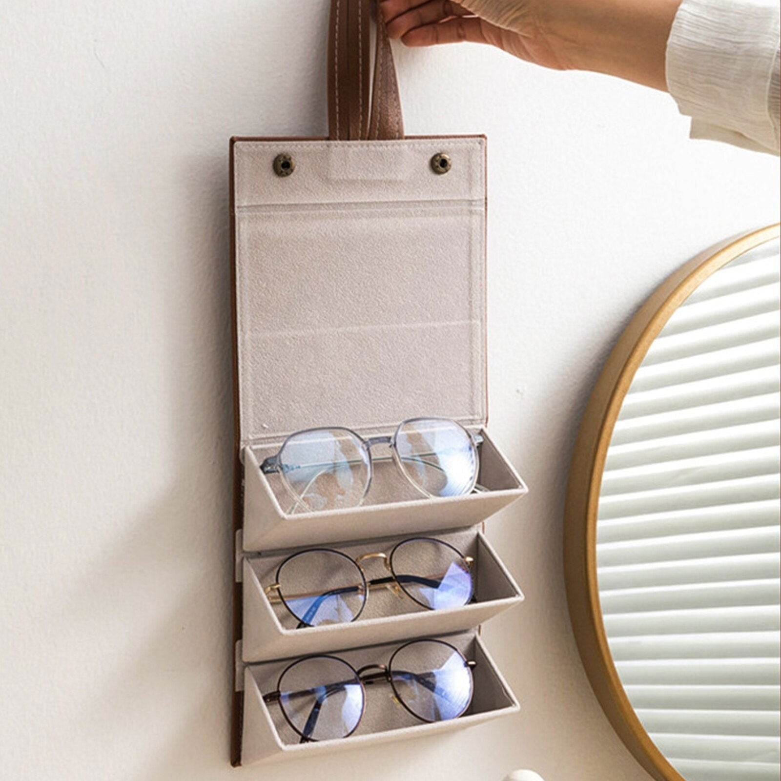 Mens Attire portable eyeglasses organizer hanging foldable case with three padded compartments for sunglasses