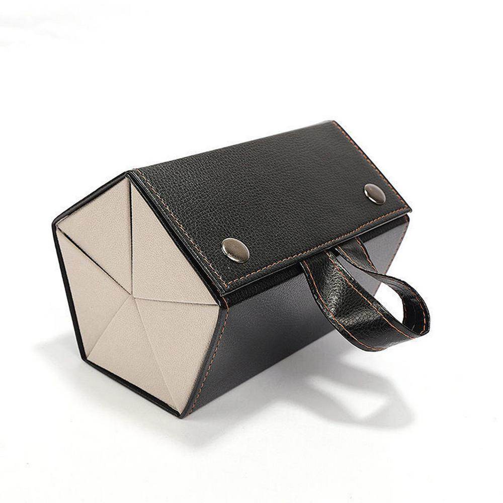Mens Attire black leather foldable sunglass box with snap closure and strap handle portable eyeglasses organizer