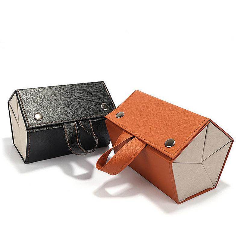 Mens Attire portable eyeglasses organizer leather travel case set in black and orange with snap closure handle