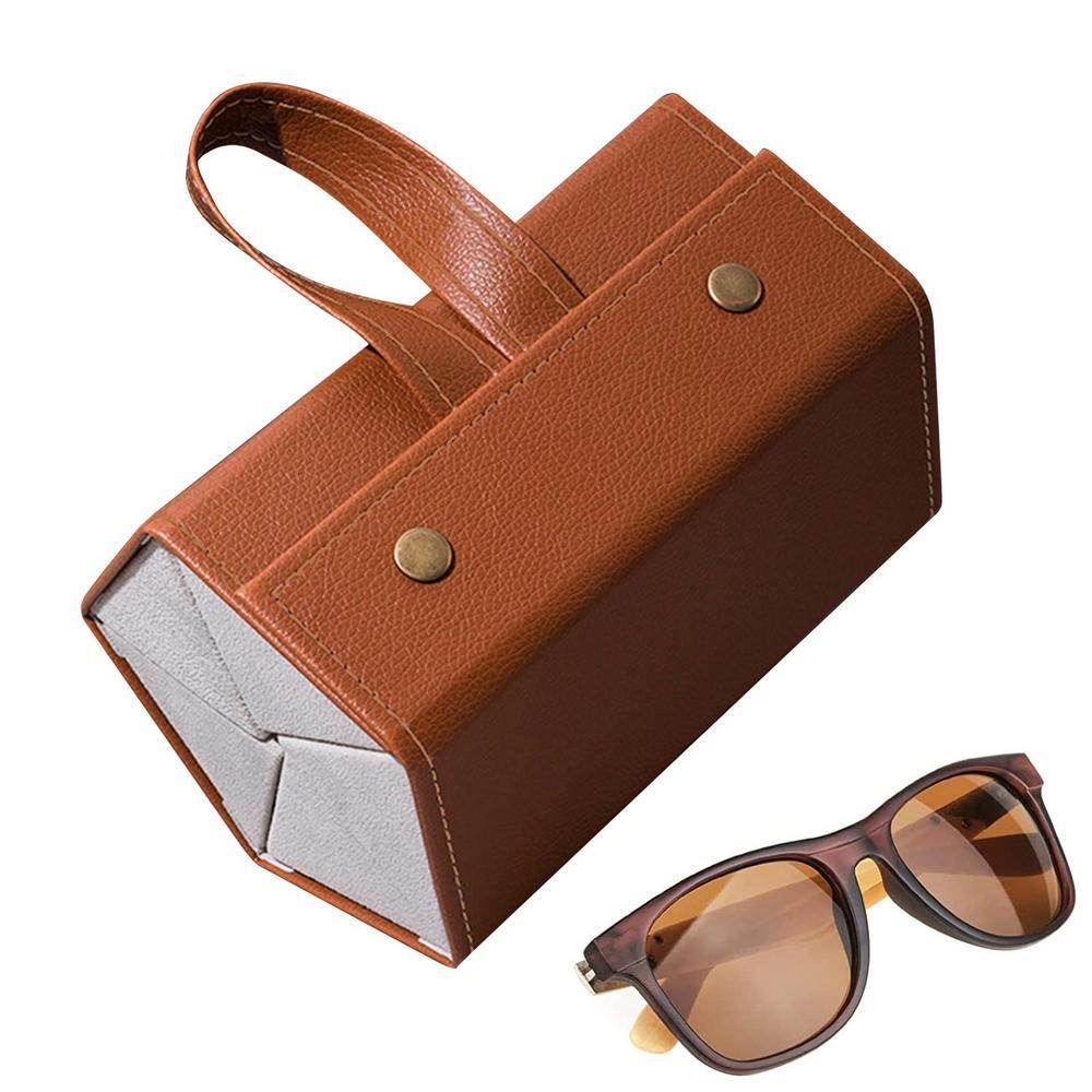 Mens Attire brown leather foldable sunglasses storage box with handle and snap closures portable eyeglasses organizer