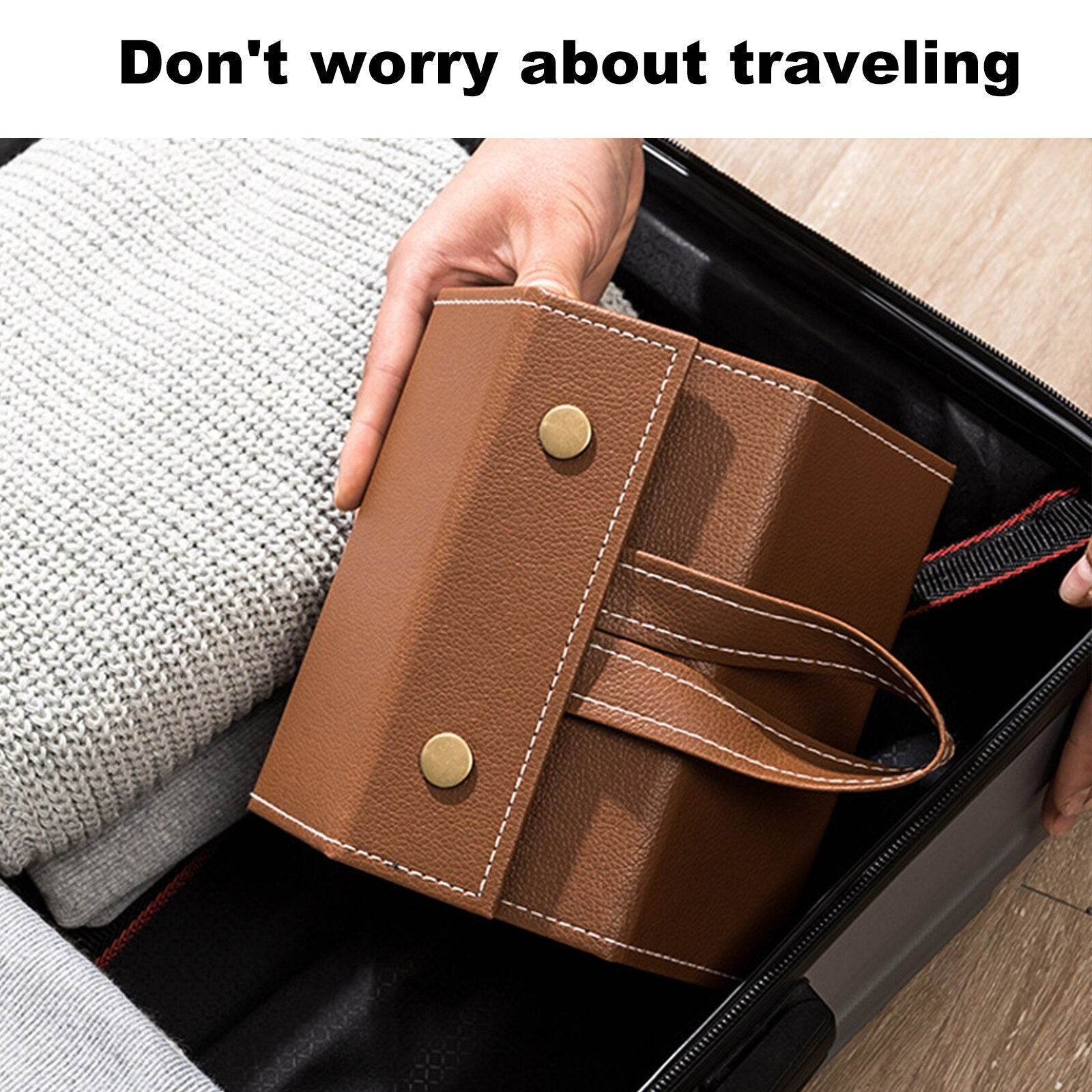 Mens Attire brown leather sunglasses storage box being packed into suitcase travel scene portable eyeglasses organizer