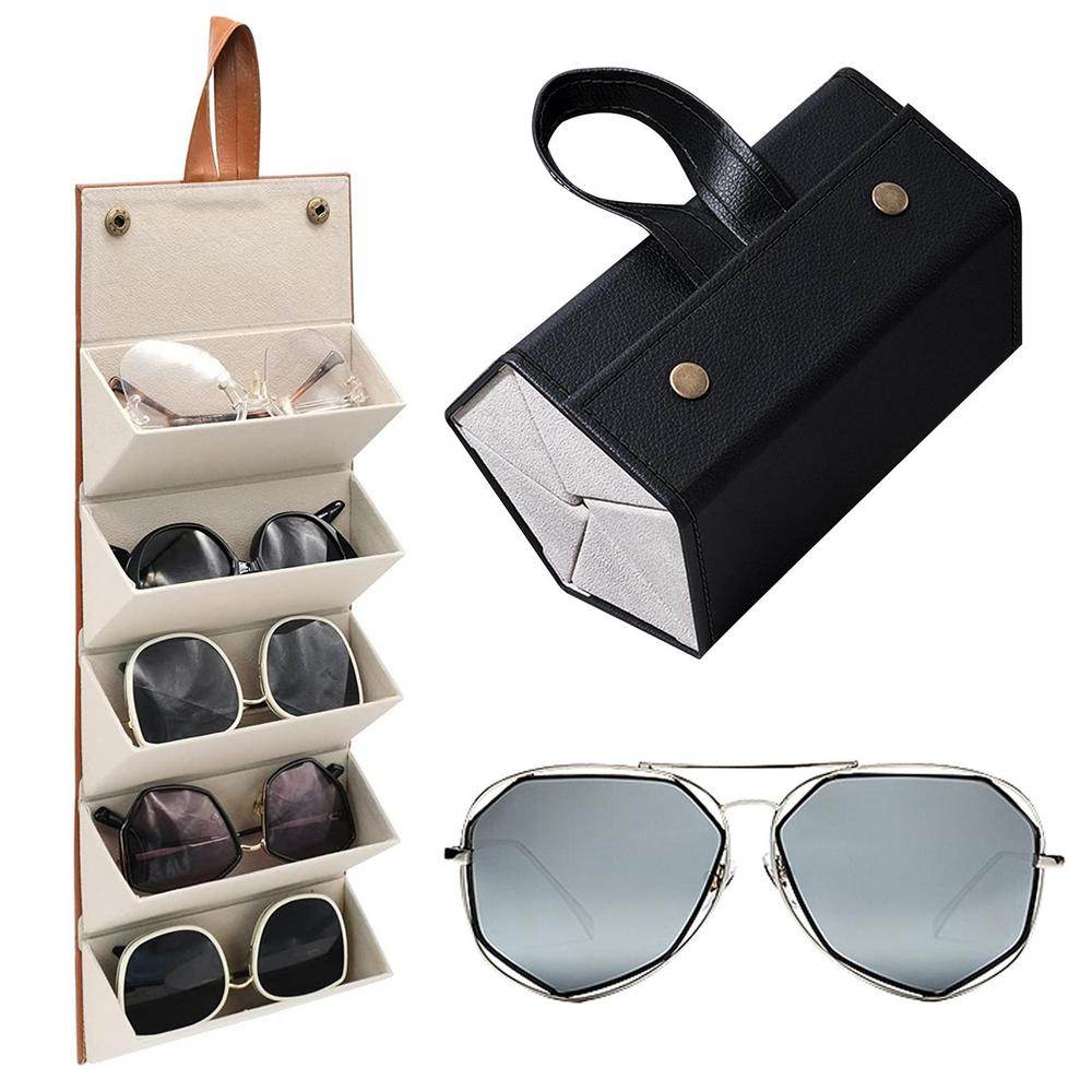 Mens Attire portable eyeglasses organizer with hanging four compartment case and compact black travel box