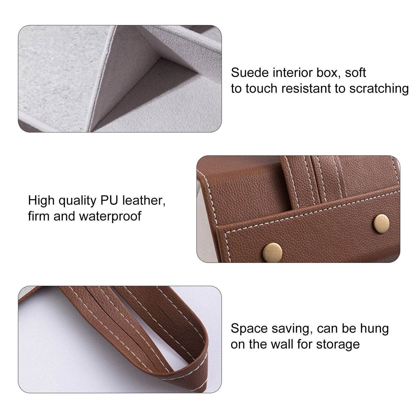 Mens Attire brown PU leather sunglasses storage box portable eyeglasses organizer with suede interior and wall hanging strap