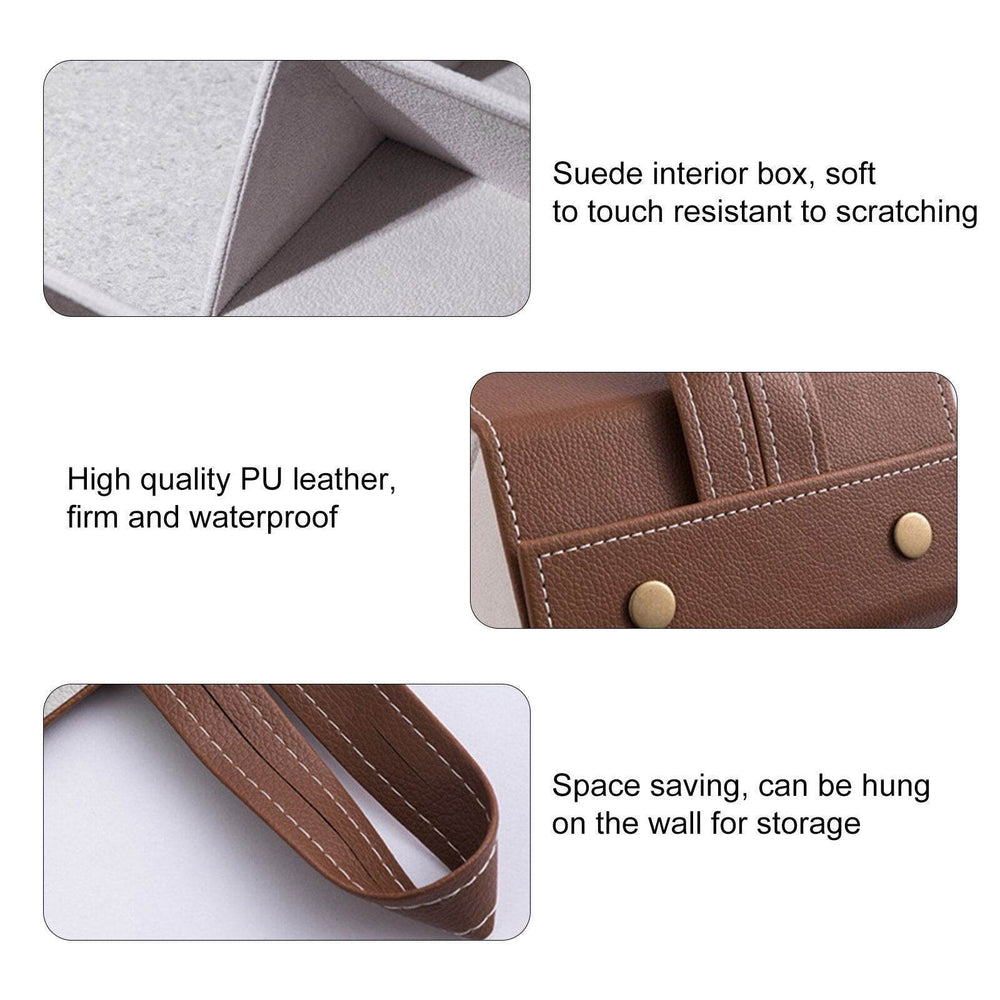 Mens Attire brown PU leather sunglasses storage box portable eyeglasses organizer with suede interior and wall hanging strap